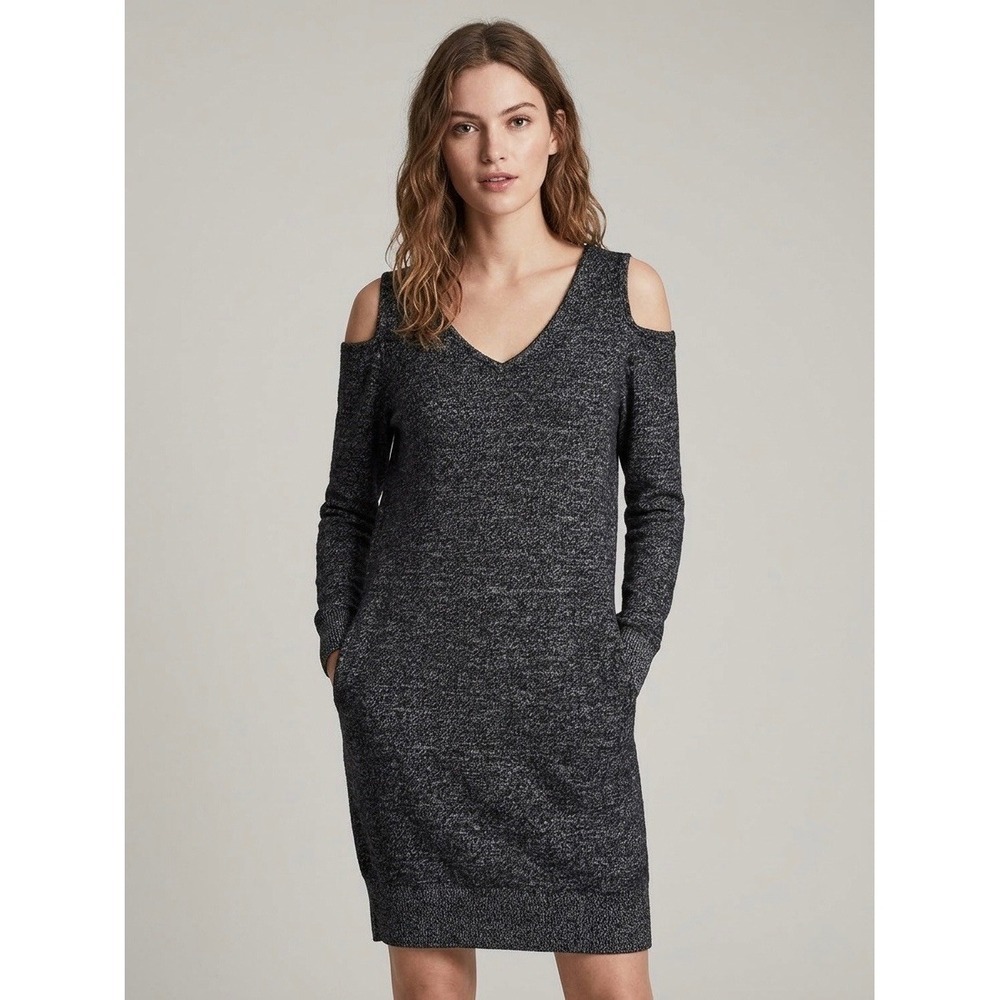 AllSaints Womens Marled Wool Cotton Cold Shoulder V-Neck Sweater Dress Gray XS